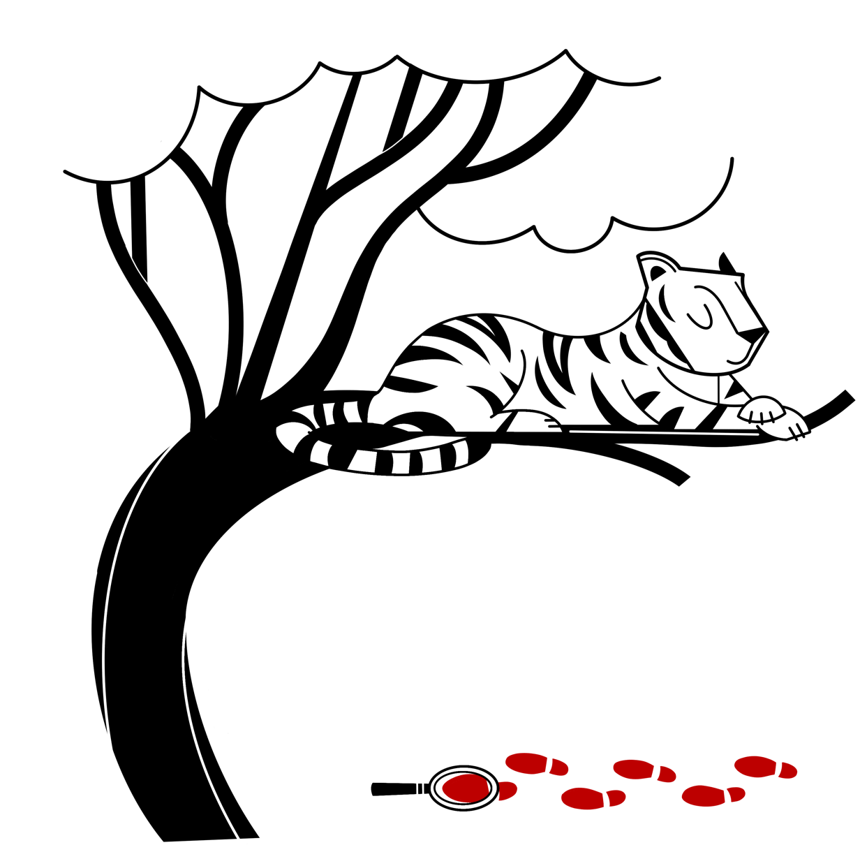 A tiger rests on a tree branch. Red footsteps are pictured below under a magnifying glass lying on the ground.